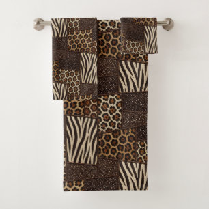 Luxury African Animal Print Brown Faux Glitter Bath Towel Set
