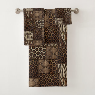 Luxury African Animal Print Brown Faux Glitter Bath Towel Set