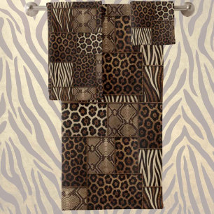 Luxury African Animal Print   Brown Faux Glitter  Bath Towel Set