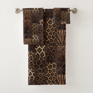 Luxury African Animal Print Brown Faux Glitter Bath Towel Set
