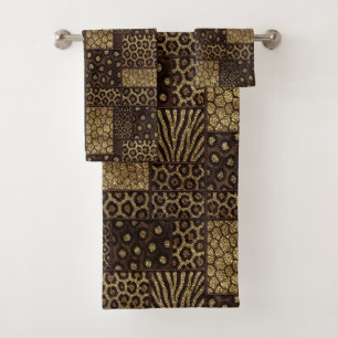 Luxury African Animal Print Dark Brown & Gold Bath Towel Set
