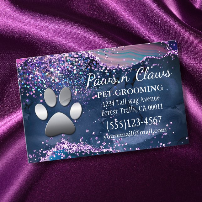 Luxury Agate Glitter Dog Paw Pet Grooming Business Card (Creator Uploaded)