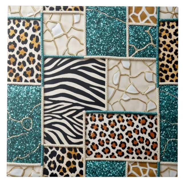 Luxury Animal Print Teal Faux Glitter Tile (Front)