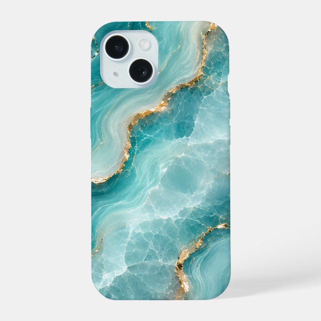 Luxury Aqua Agate Marble with Gold Veins iPhone 15 Case (Back)
