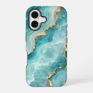 Luxury Aqua Agate Marble with Gold Veins iPhone 16 Case