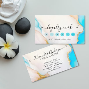 Luxury Aqua and Gold Marble Holographic Salon Loyalty Card