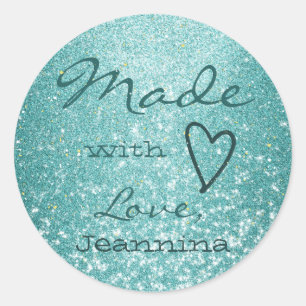 Luxury Aqua Blue Glitter Made with Love Heart Cute Classic Round Sticker