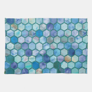 Luxury Aqua blue honeycomb pattern Tea Towel