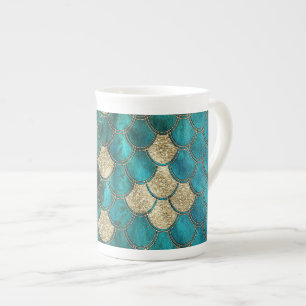 Luxury Aqua Green Mermaid Scales with Gold Glitter Bone China Mug