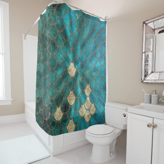 Luxury Aqua Green Mermaid Scales with Gold Glitter Shower Curtain (In Situ)
