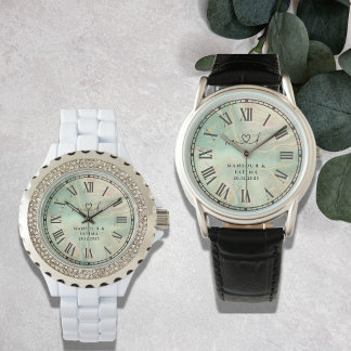 Luxury Aqua Marbled Men's Black Leather Strap Watch