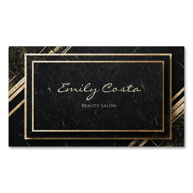 Luxury Art Deco Black and Gold Marble Magnetic Business Card (Front)