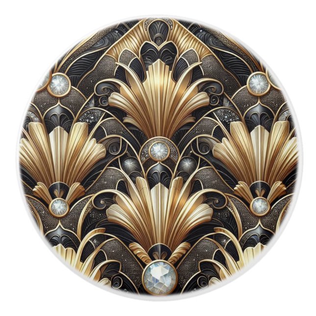 Luxury Art Deco Black & Gold Faux Diamond Ceramic  Knob (Front)