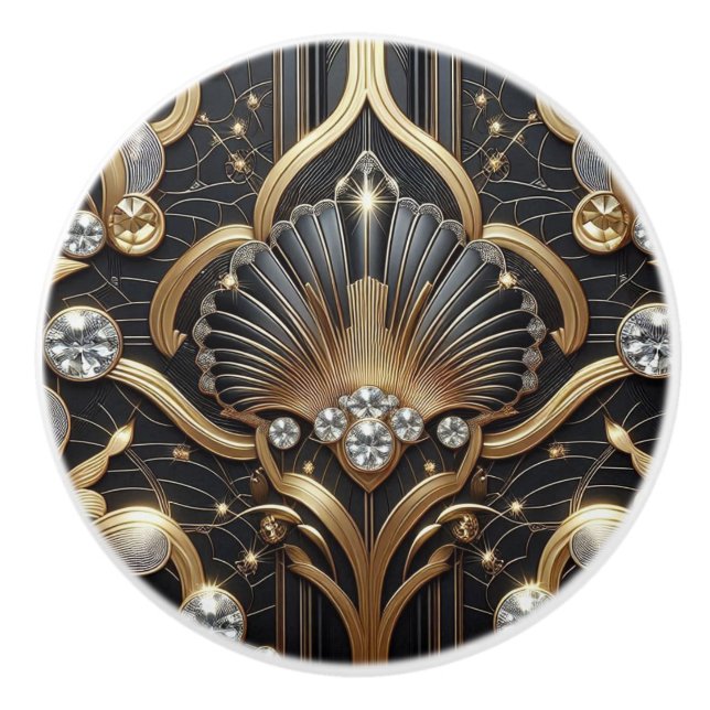 Luxury Art Deco Black & Gold Faux Diamond Ceramic  Knob (Front)