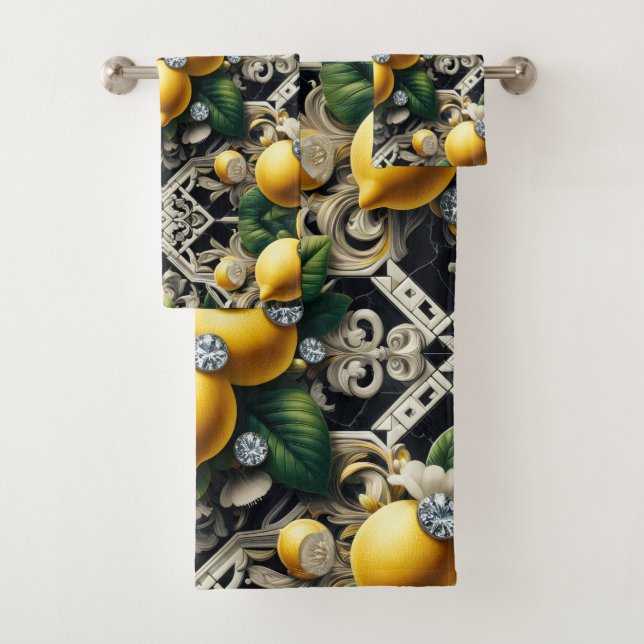 Luxury Art Deco Lemons Diamonds  Bath Towel Set (Insitu)