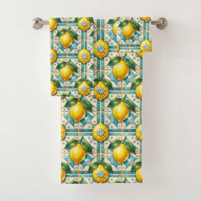 Luxury Art Deco Lemons Diamonds  Bath Towel Set (Insitu)