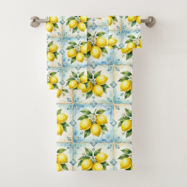 Luxury Art Deco Lemons Diamonds  Bath Towel Set (Insitu)