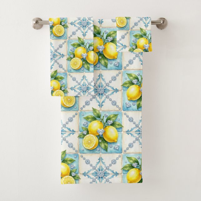Luxury Art Deco Lemons Diamonds  Bath Towel Set (Insitu)