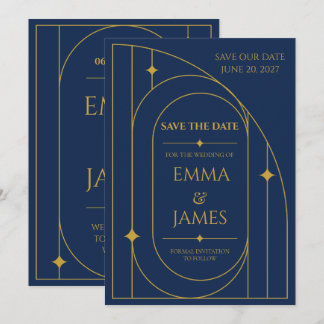 Luxury Art Deco Navy Gold Save the Date Card