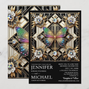 Luxury Art Deco Rainbow Butterfly Wedding Invitation