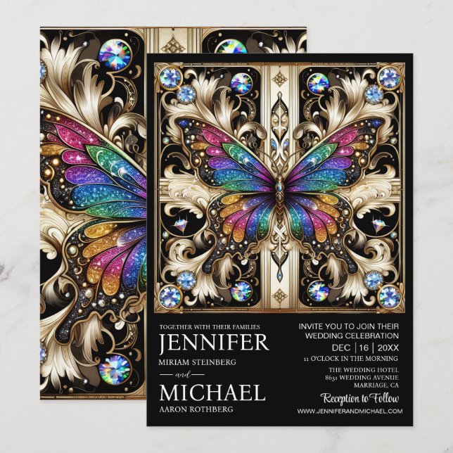 Luxury Art Deco Rainbow Butterfly Wedding  Invitation (Front/Back)