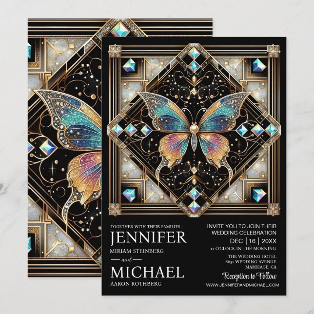 Luxury Art Deco Rainbow Butterfly Wedding  Invitation (Front/Back)