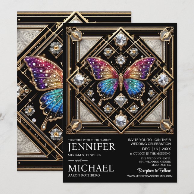 Luxury Art Deco Rainbow Butterfly Wedding  Invitation (Front/Back)