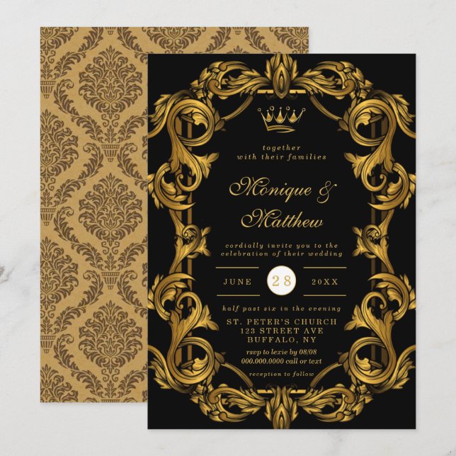 Luxury Art Nouveau Black Gold Royal Wedding Invita Invitation (Front/Back)