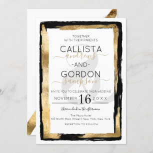Luxury Artsy Black Gold Brushstroke Border Wedding Invitation