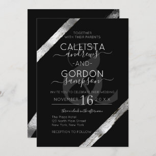 Luxury Artsy Black Silver Brushstrokes Wedding Invitation