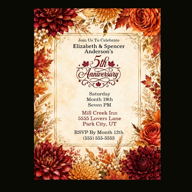Luxury Autumn 5th Anniversary Party Invitation (Luxury Fall 5th Anniversary Party Invitation.)