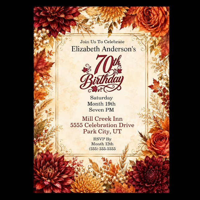 Luxury Autumn 70th Birthday Party Invitation (Elegant 70th birthday invitation with burgundy dahlias, orange roses, golden chrysanthemums, autumn )