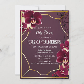 Luxury Baby Shower Burgundy Orchid Blooms Frame Invitation