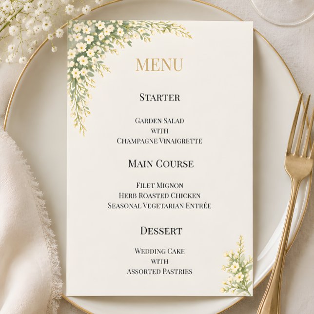 Luxury Baby's Breath Floral Wedding Menu (Luxury baby's breath wedding themed menu card)