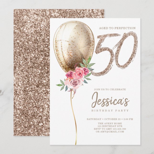 Luxury Balloon Beige Glitter 50th Birthday Invitation (Front/Back)