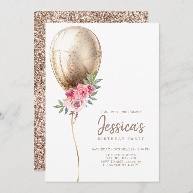 Luxury Balloon Beige Glitter Birthday Invitation (Front/Back)