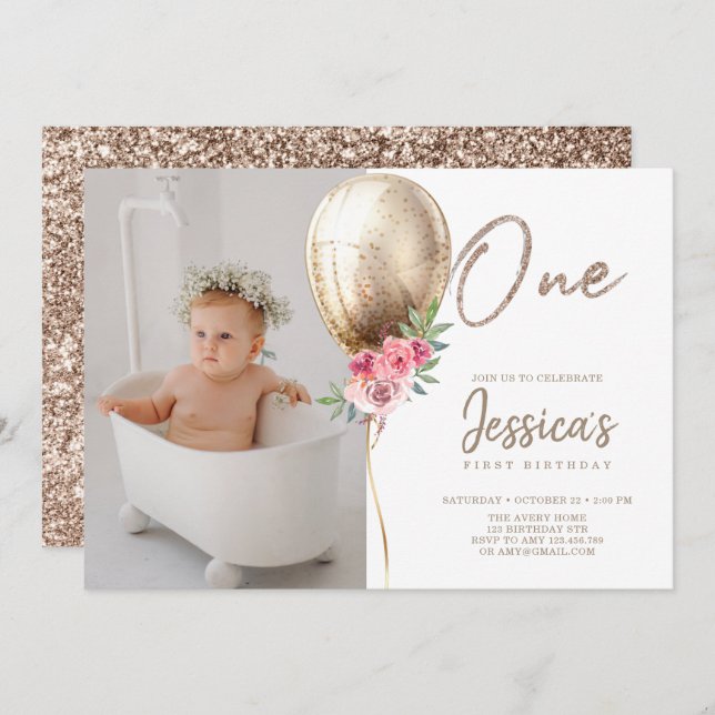 Luxury Balloon Glitter First Birthday Photo Invitation (Front/Back)