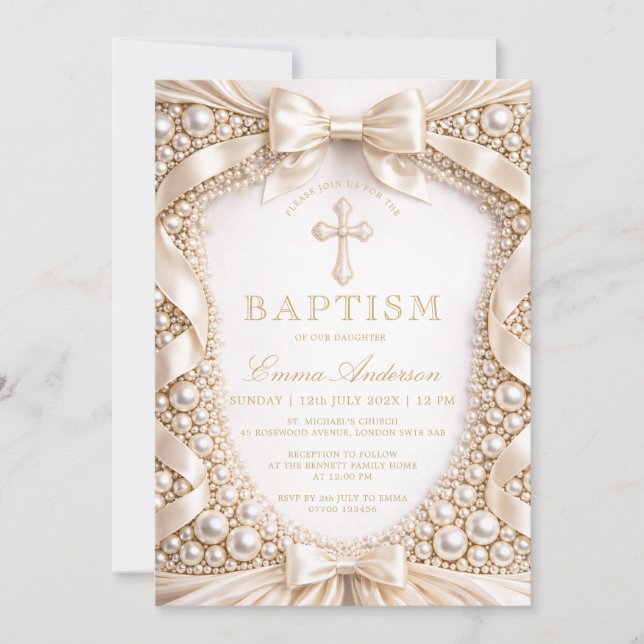Luxury Baptism Pearl and Satin Bow Invitation (Front)