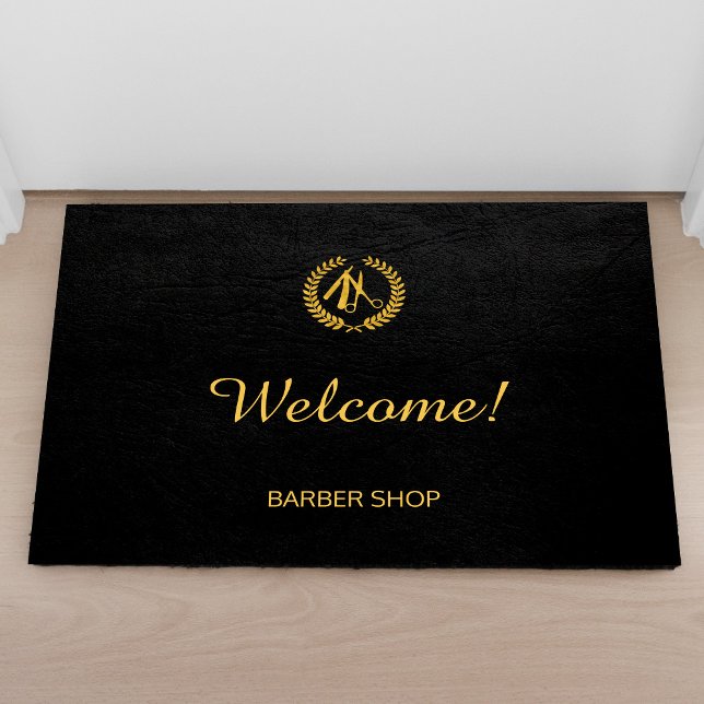Luxury barber shop black leather look gold doormat (Creator Uploaded)