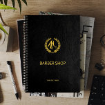 Luxury barber shop black leather look gold planner<br><div class="desc">Barber shop planner with faux gold scissors and laurel wreath logo and barber script on a solid black elegant leather look background.                Perfect as an appointment book</div>