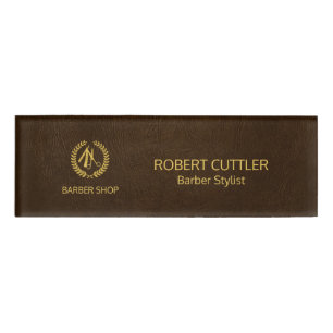 Luxury barber shop dark brown leather look gold name tag