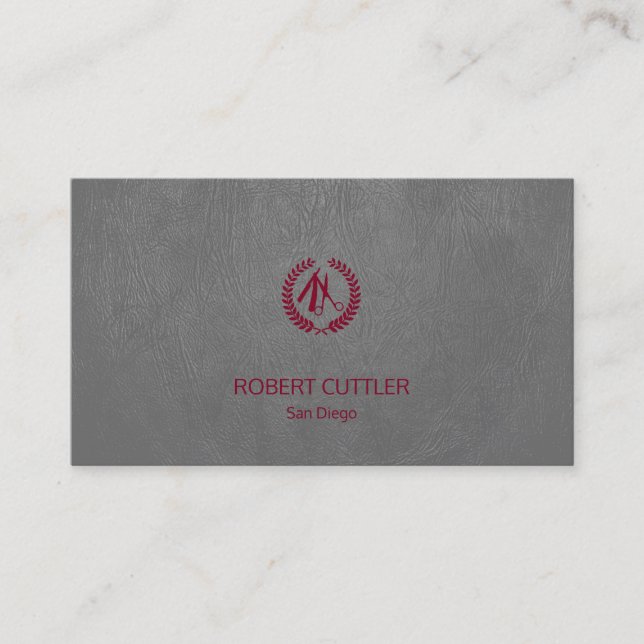 Luxury barber shop grey leather look burgundy business card (Front)