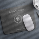 Luxury barber shop silver dark grey leather look mouse pad<br><div class="desc">Barber shop mouse pad with faux silver metallic scissors logo and barber script on a dark grey leather look background</div>