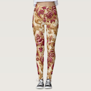 Luxury Baroque Floral Gold and Burgundy Leggings