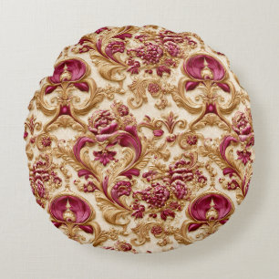 Luxury Baroque Floral Gold and Burgundy Round Cushion