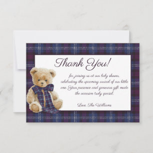 Luxury Bear Plaid Bow Baby Shower Thank You Card