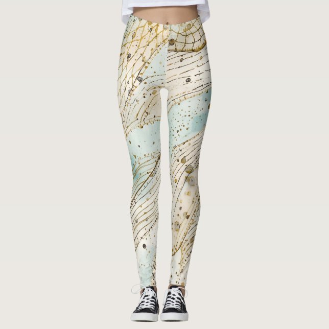 Luxury, Beautiful Gold Beigi Soft Blue Pattern Leggings (Front)