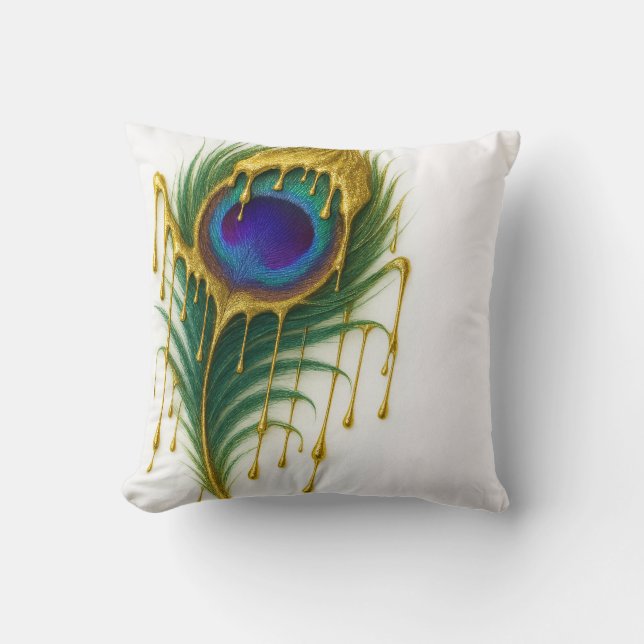 Luxury Beauty Gold Drip Glam Peacock Feather Cushion (Front)