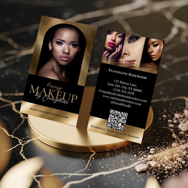 Luxury Beauty Makeup Artist Arch Photo Black Gold Business Card (Luxury Beauty Makeup Artist Arch Photo Black Gold Business Card)