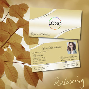 Luxury Beige Cream Curved Decor Lines Logo Photo Business Card